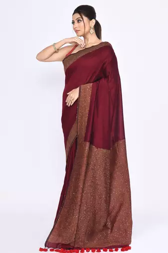 Women's maroon embellished sequinned cotton saree