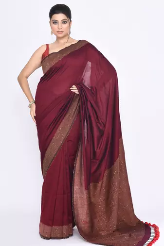 Women's maroon embellished sequinned cotton saree