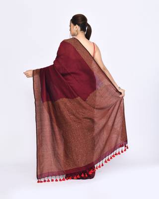 Women's maroon embellished sequinned cotton saree 4
