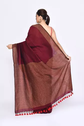 Women's maroon embellished sequinned cotton saree