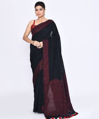 Women's black embellished sequinned cotton saree 1