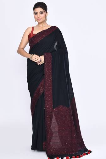 Women's black embellished sequinned cotton saree