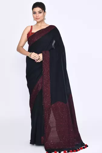 Women's black embellished sequinned cotton saree