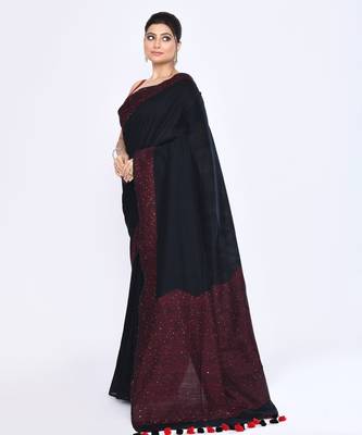 Women's black embellished sequinned cotton saree 2