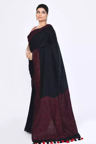 Women's black embellished sequinned cotton saree