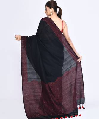 Women's black embellished sequinned cotton saree 3