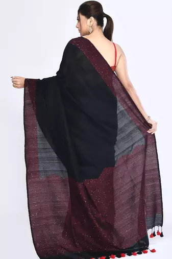 Women's black embellished sequinned cotton saree