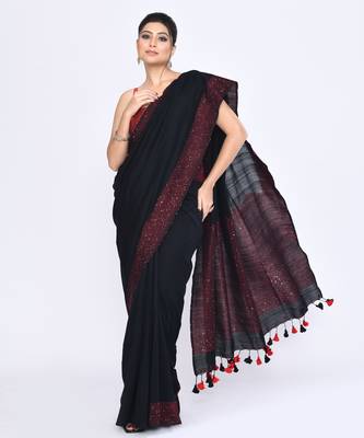 Women's black embellished sequinned cotton saree 4
