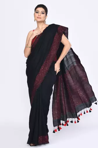 Women's black embellished sequinned cotton saree