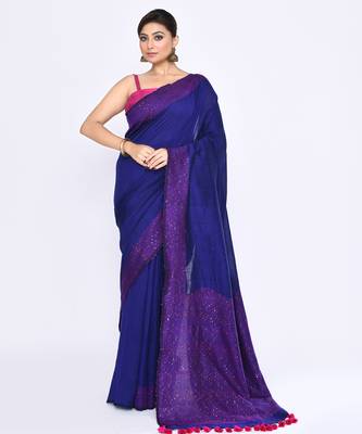 Women's blue embellished sequinned cotton saree 1