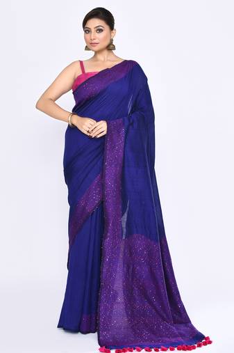 Women's blue embellished sequinned cotton saree