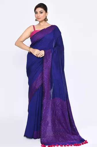 Women's blue embellished sequinned cotton saree