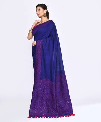 Women's blue embellished sequinned cotton saree 2