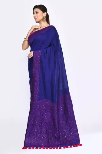 Women's blue embellished sequinned cotton saree