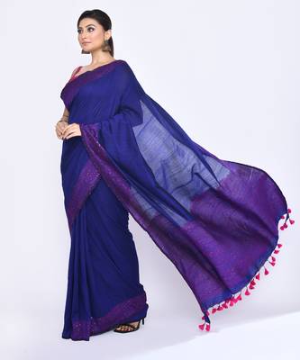 Women's blue embellished sequinned cotton saree 3