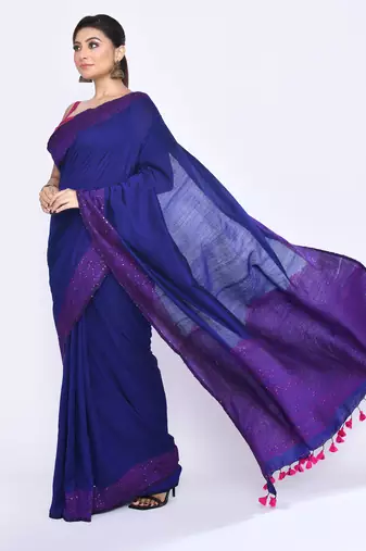 Women's blue embellished sequinned cotton saree