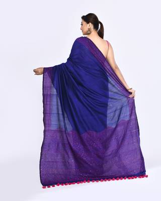 Women's blue embellished sequinned cotton saree 4