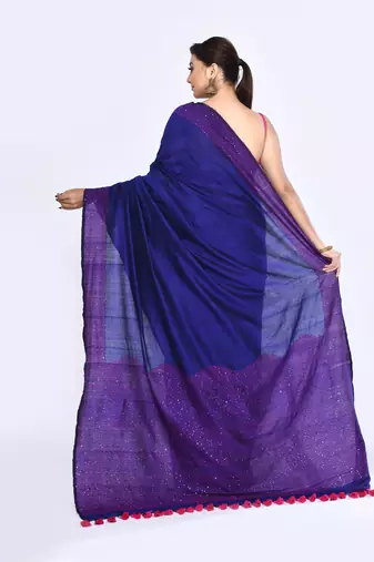 Women's blue embellished sequinned cotton saree