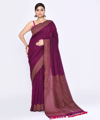 Women's magenta embellished sequinned cotton saree 1