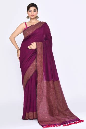 Women's magenta embellished sequinned cotton saree