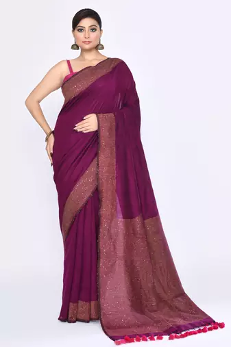 Women's magenta embellished sequinned cotton saree