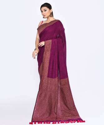 Women's magenta embellished sequinned cotton saree 2