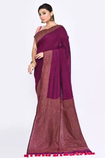 Women's magenta embellished sequinned cotton saree