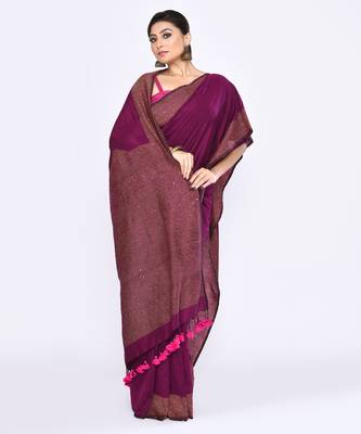 Women's magenta embellished sequinned cotton saree 3
