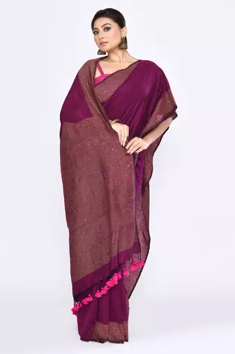 Women's magenta embellished sequinned cotton saree