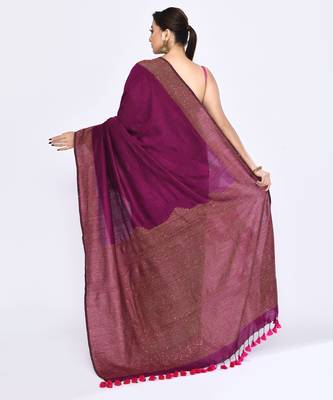 Women's magenta embellished sequinned cotton saree 4