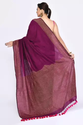 Women's magenta embellished sequinned cotton saree