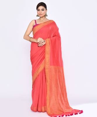 Women's tomato red embellished sequinned cotton saree 1