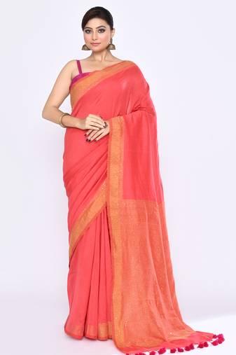 Women's tomato red embellished sequinned cotton saree