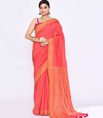 Women's tomato red embellished sequinned cotton saree
