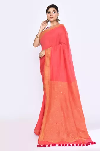 Women's tomato red embellished sequinned cotton saree