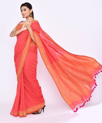 Women's tomato red embellished sequinned cotton saree 3