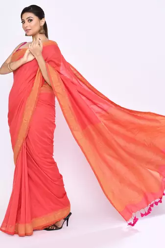 Women's tomato red embellished sequinned cotton saree