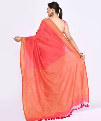 Women's tomato red embellished sequinned cotton saree 4