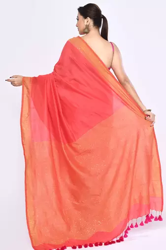 Women's tomato red embellished sequinned cotton saree