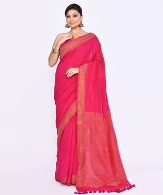 Women's rani pink embellished sequinned cotton saree 1