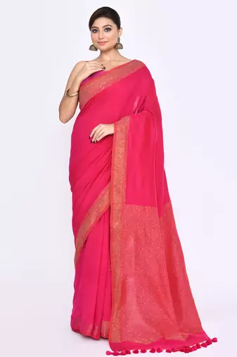 Women's rani pink embellished sequinned cotton saree