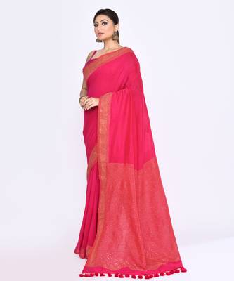 Women's rani pink embellished sequinned cotton saree 2