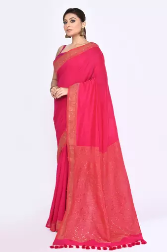 Women's rani pink embellished sequinned cotton saree
