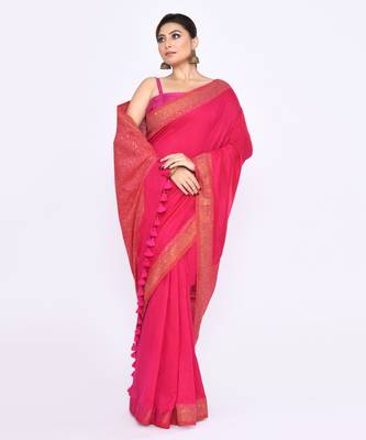 Women's rani pink embellished sequinned cotton saree 3