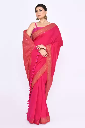 Women's rani pink embellished sequinned cotton saree