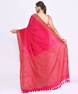 Women's rani pink embellished sequinned cotton saree 4