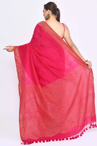Women's rani pink embellished sequinned cotton saree