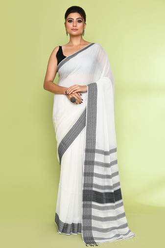 Women's white embellished cotton saree