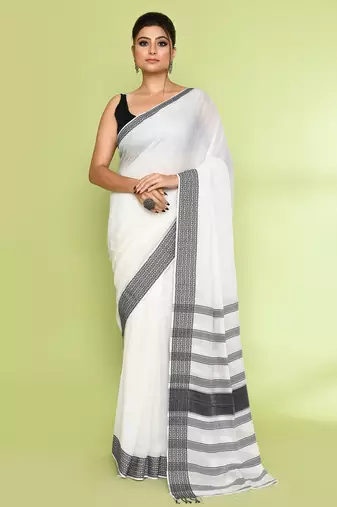 Women's white embellished cotton saree