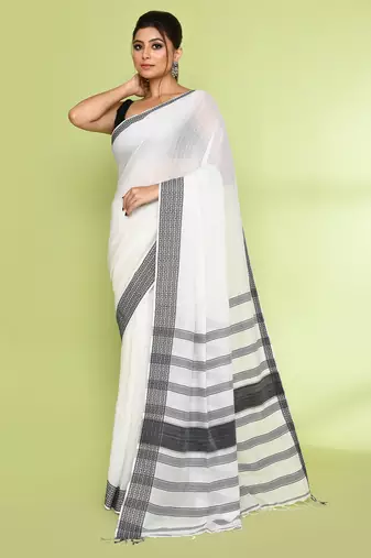 Women's white embellished cotton saree